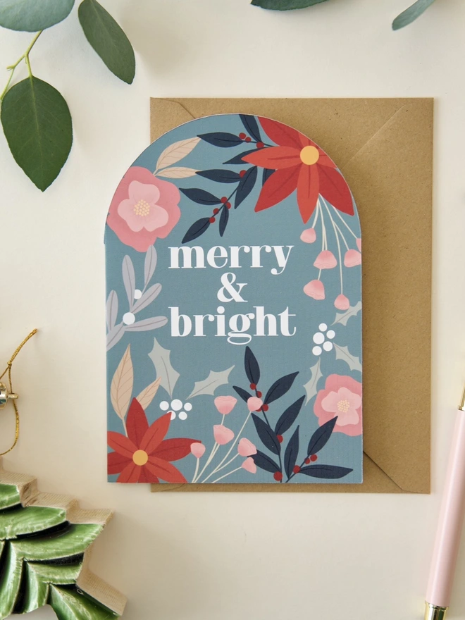 Merry and bright botanical floral Christmas card
