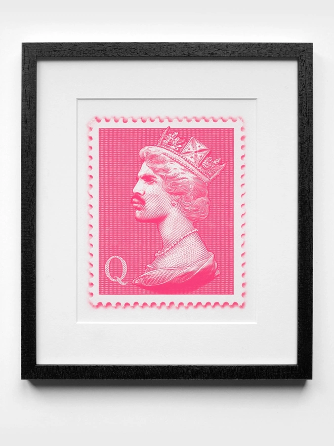Pink Freddie Mercury Mini Stamp Art Print - Black Frame