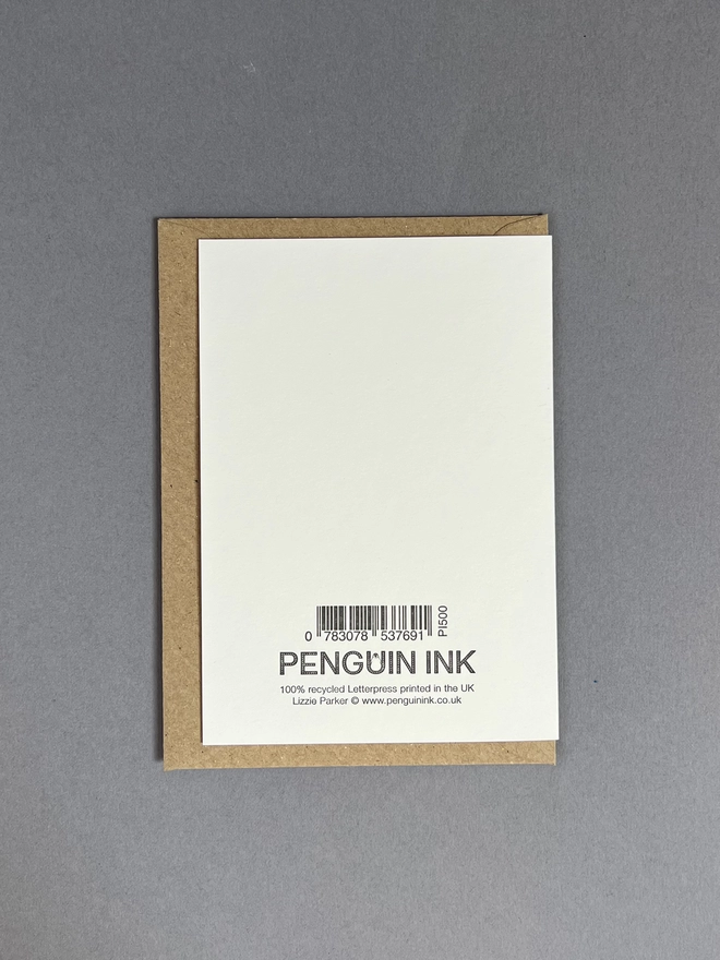 Back of letterpress printed card showing barcode and Penguin Ink logo