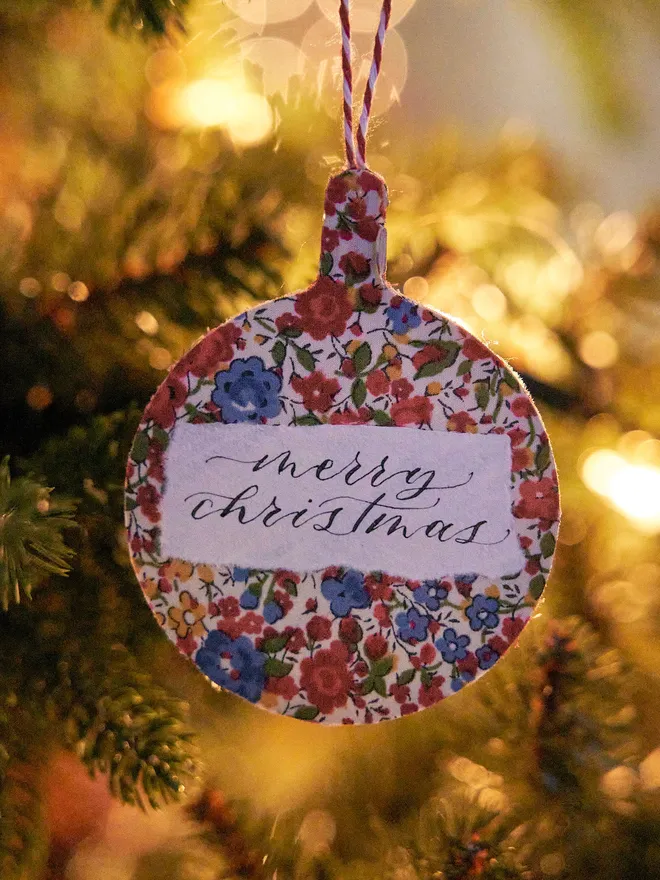 Personalised calligraphy liberty fabric Christmas tree decoration
