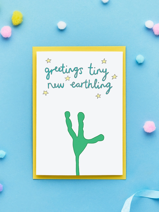 Funny New Baby Greeting Card Featuring an Alien Hand