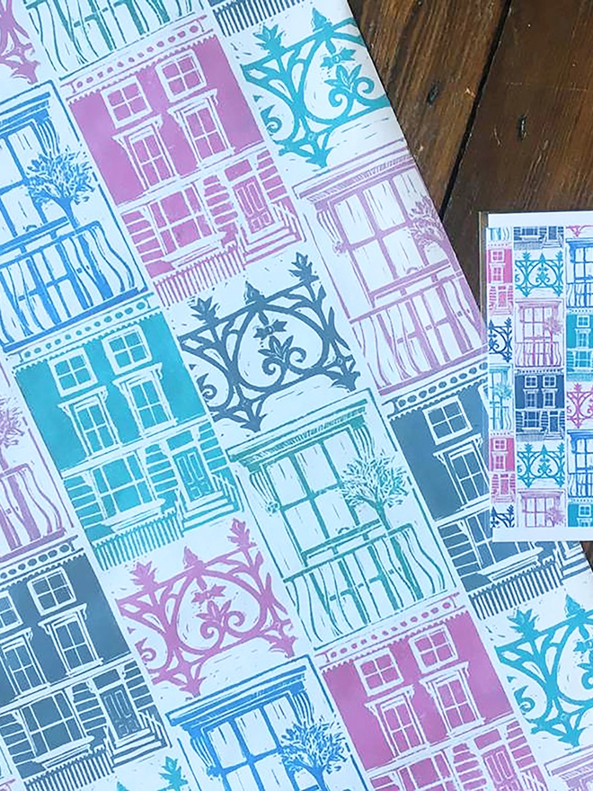 Pastel shades London houses wrapping paper lino cut by Kate Guy