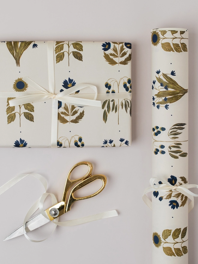 Four Floral Blue Botanical Luxury Gift Wrap (2 Sheets)