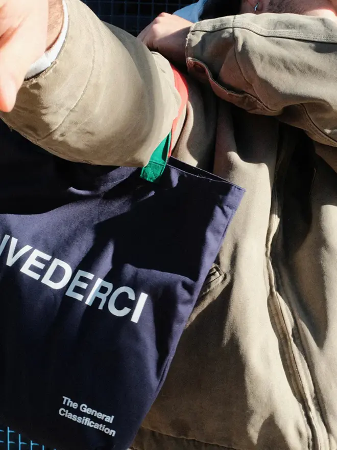 'Ciao' Tote Bag, on a man. 