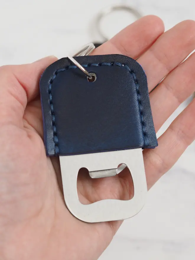 Dark blue leather bottle opener key ring