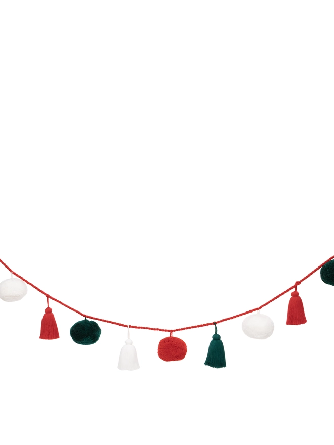 Christmas Garland Decoration Red White Green Large Pom Pom and Tassel Garland