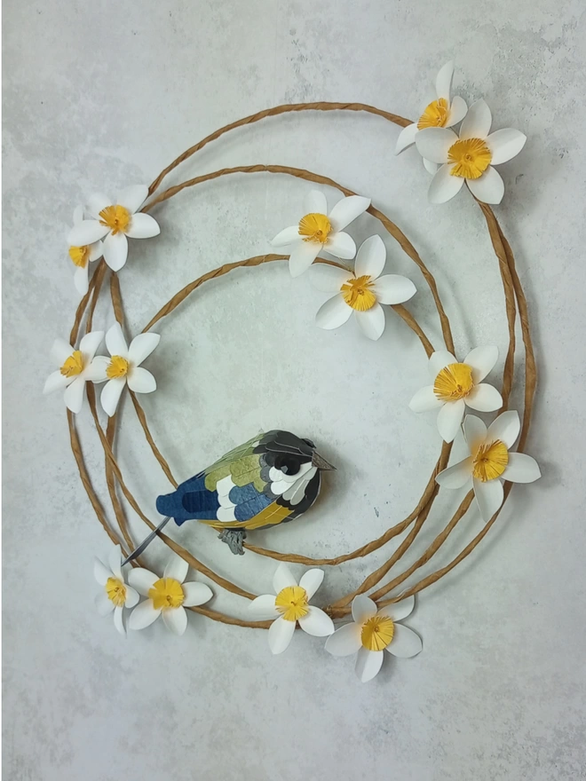 great tit in a blossom wreath wall hanging