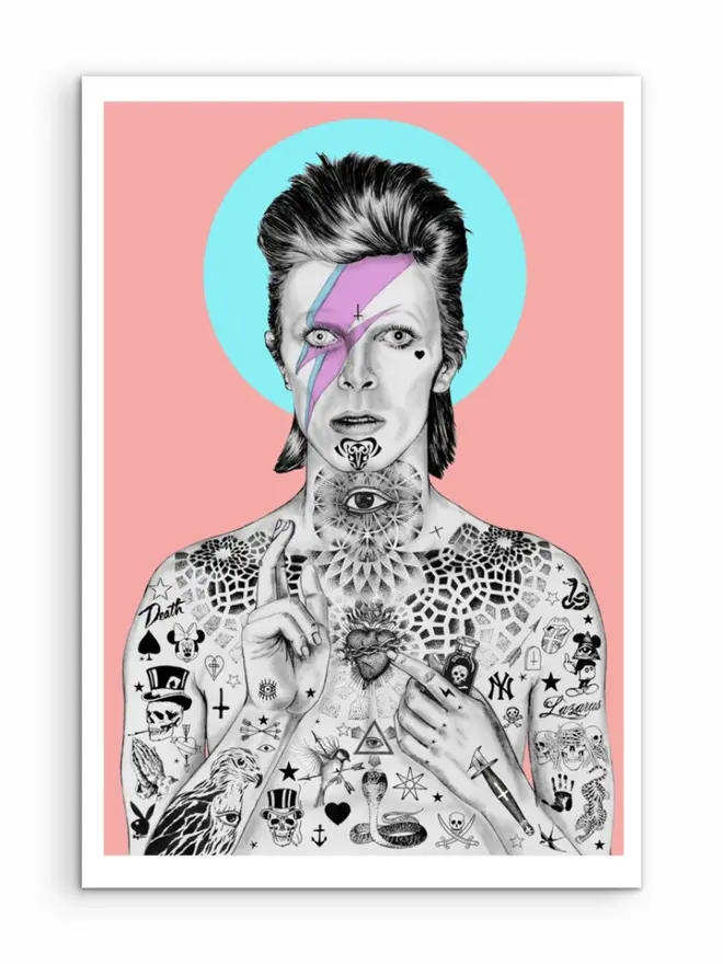 Tattooed portrait of David Bowie with a lightning bolt across his face, against a pink background with a blue halo.