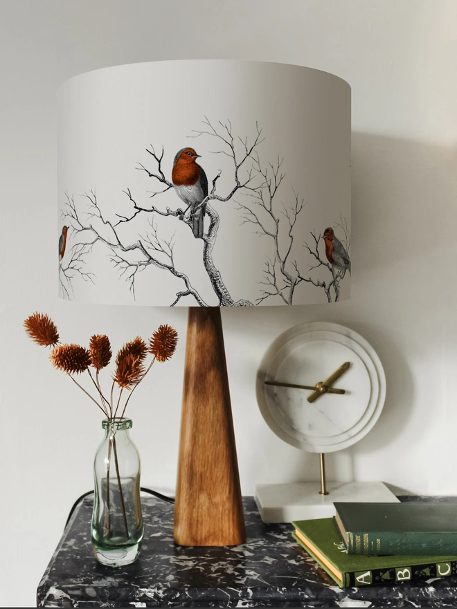 Handmade robin lampshade inspired by British gardens and vintage natural history illustrations