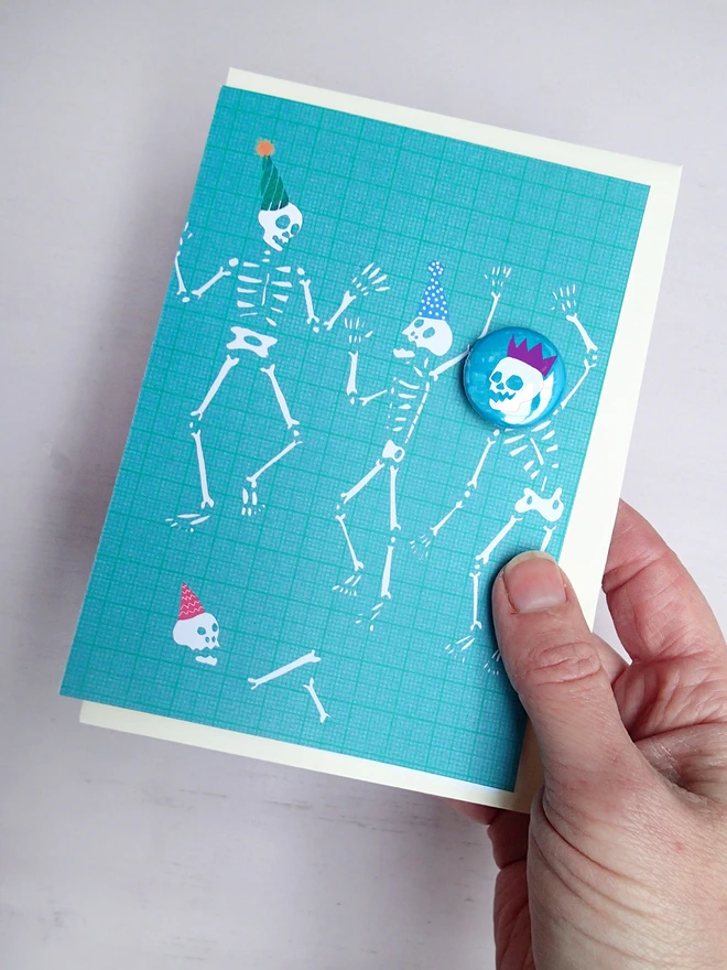 Skeleton Party Greeting Card with pin badge