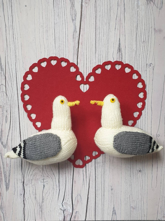 seagulls knitted from a beginners knitting kit