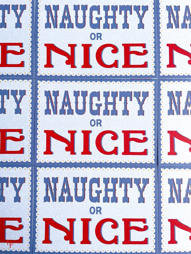 'Naughty or Nice' charity christmas card, Typography, Lettering, blue and red, vintage aesthetic, flora fricker