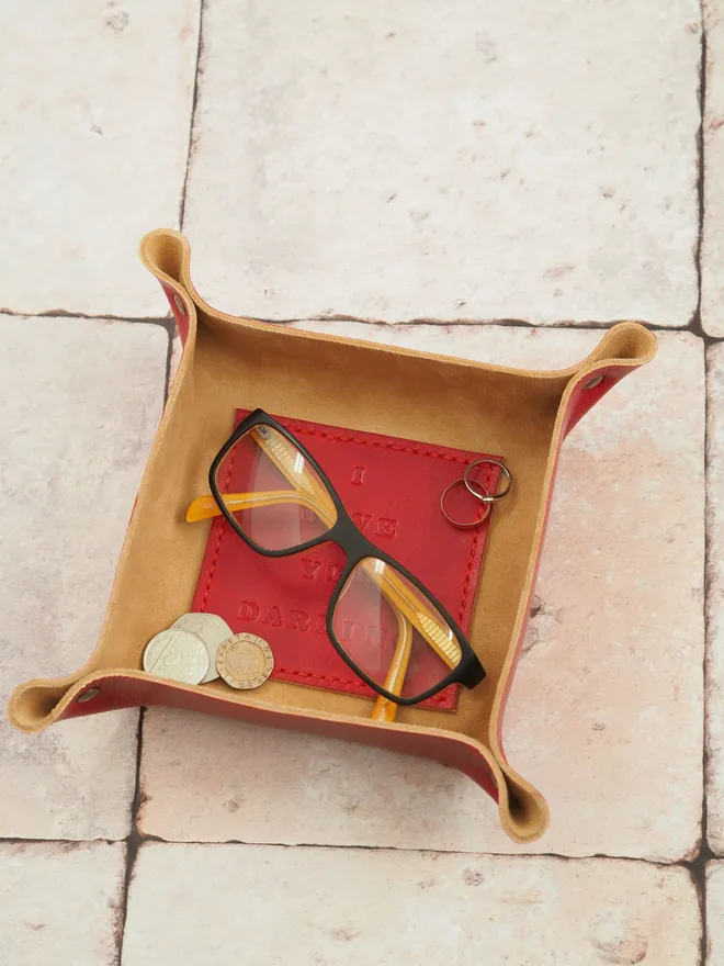 red leather square tray with personalised base