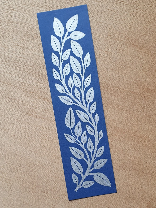 Silver ink linocut bookmark