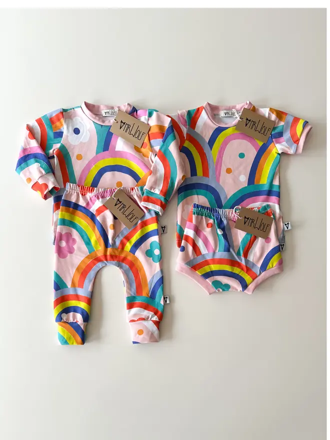 Giant rainbows print leggings, t-shirt, shorties for babies, toddlers, kids