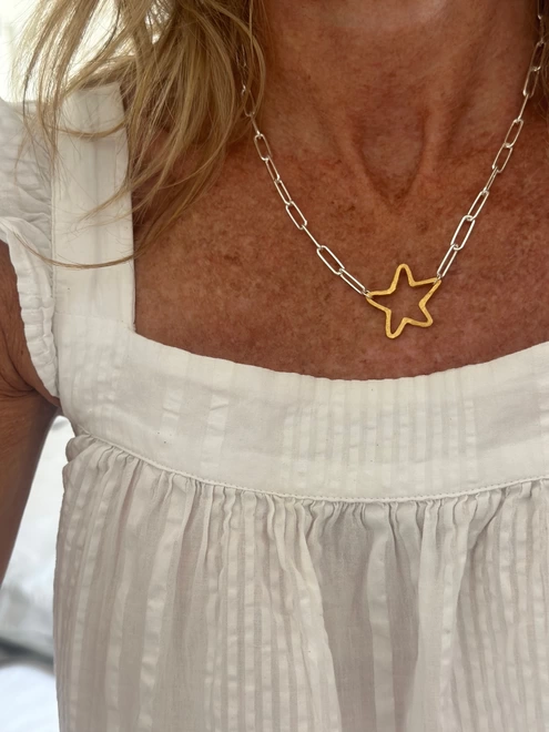 model wears a rough hewn open star charm in gold on a sterling silver paperclip chain