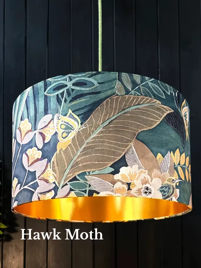 Hawk Moth velvet lampshade with flowers, foliage and gold lining