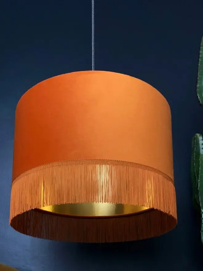 Rust Orange Velvet Lampshade With Gold Lining & Fringing. 