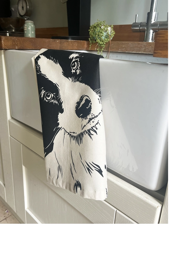 Fold Collie tea towel hanging over a Belfast sink