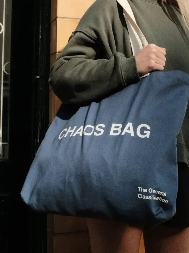 'Chaos' Tote Bag, being worn. 