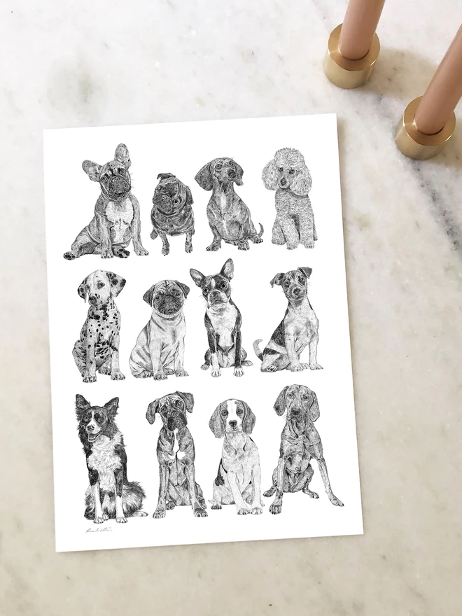 Art Print of a collection of Mini dog illustrations laying on a table