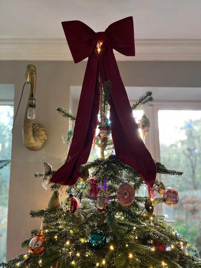 tree topper velvet bow decoration - cherry red