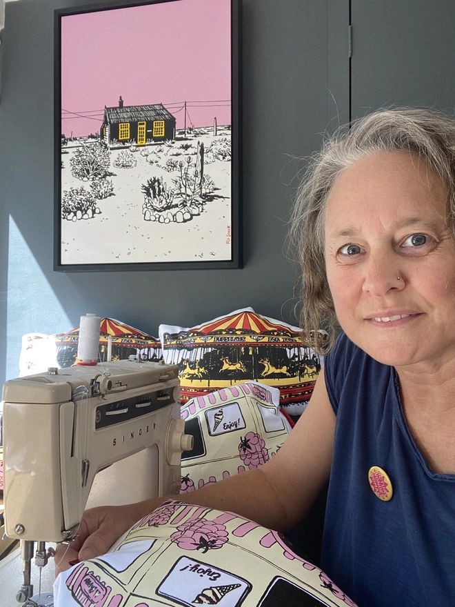 Flo Snook making cushions in her studio