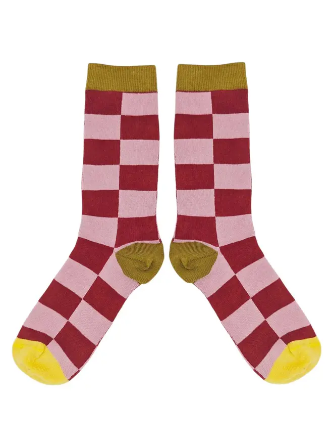 Women's Battenburg Organic Cotten Ankle Socks, a pair of patterned colourful socks sitting on a plain white surface. 