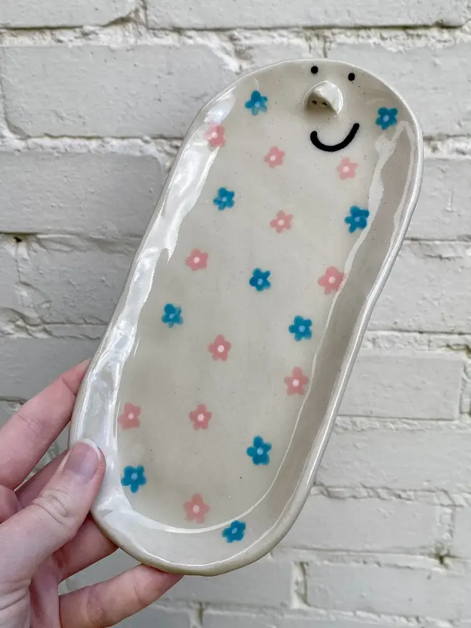 blue pink floral handmade ceramic tray