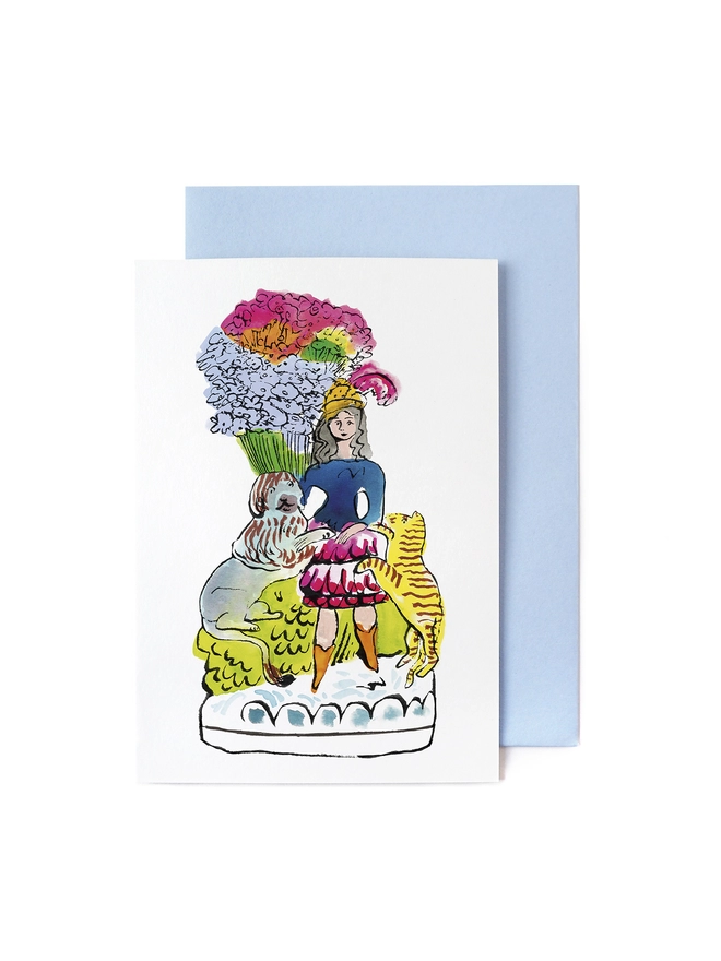 Greeting card with blue envelope featuring a pen and ink illustration of a Medieval girl and tiger and lion and flowers inspired by an antique Staffordshire ceramic vase.