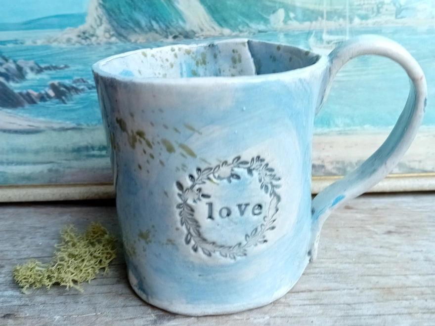 Personalised Stoneware Mug in blue with 'love' text