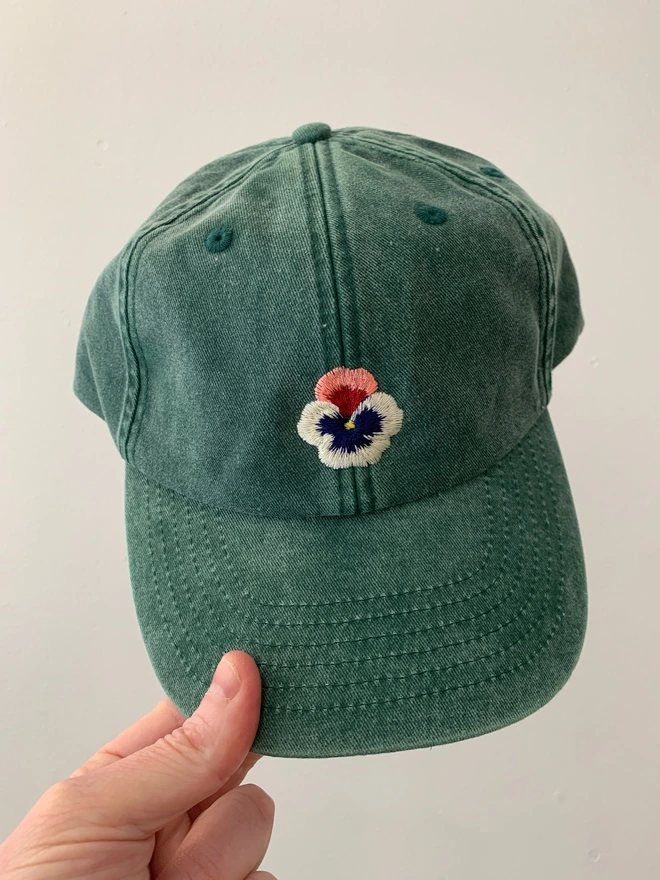 Vintage Canvas Bottle Green Cap with Pansy Design