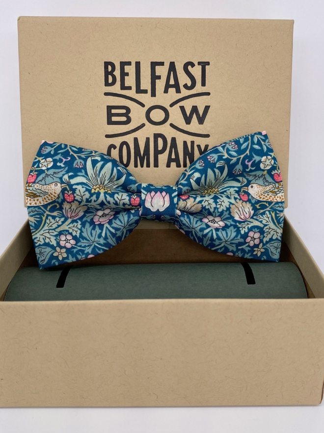 Teal Strawberry Thief Bow Tie handmade by the Belfast Bow Company