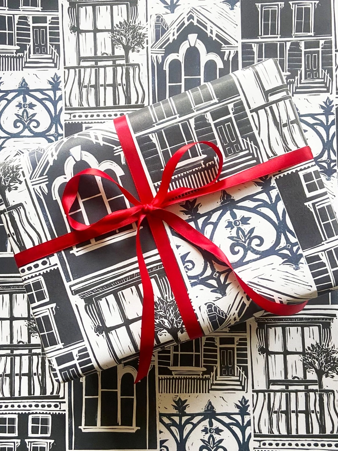 pastel shades London houses linocut gift wrapping paper by Kate Guy