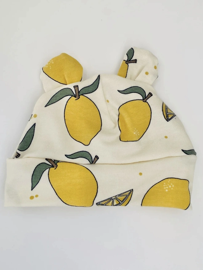 Organic Cotton Baby Hat with Ears in Cream "Lemon Grove” 