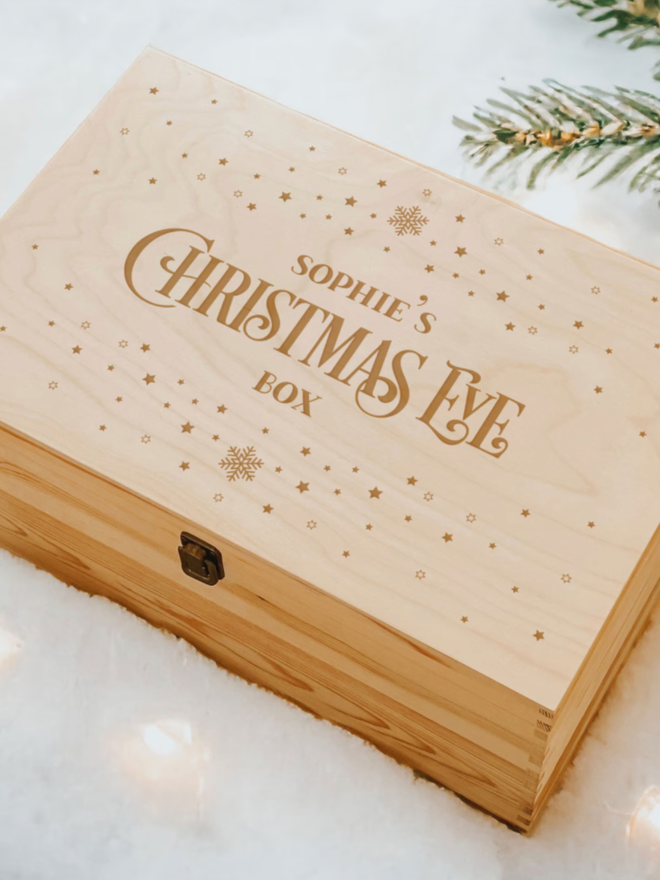 Snowflake Christmas Eve Box. A Christmas eve box decorated with snowflakes.