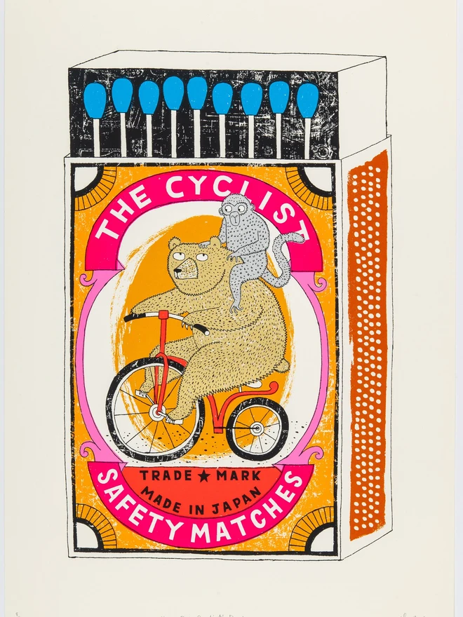 Bear On A Bike Matchbox Screenprint Big Cyclist's Burden, a colourful matchbox design in the centre of a white screenprint. 