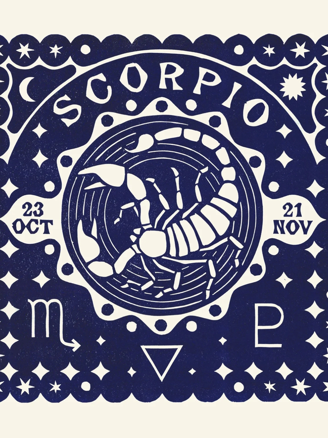 scorpio zodiac linocut. a linocut scorpion and zodiac symbols printed on a blue background.