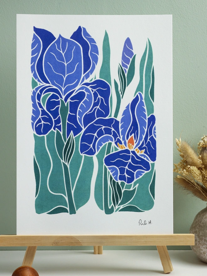 Blue iris garden flower linocut art print on cotton paper