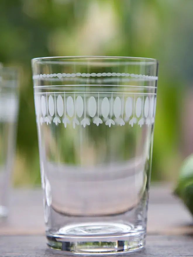 engraved ovals crystal tumblers (set of 6). a glass with delicate oval patterns around the rim.