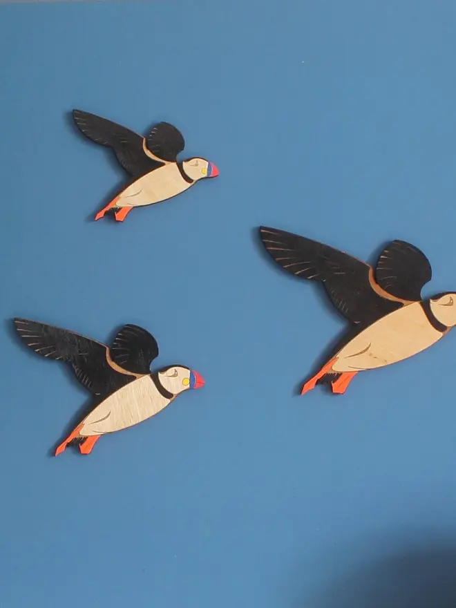 Flying Wooden Wall Puffins (Set Of 3), group of flying wooden puffins hanging on wall. 