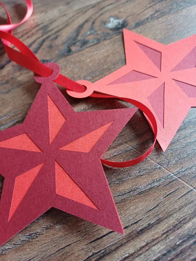 Close View of Dark and Light Red 5 Pointed Star Decorations