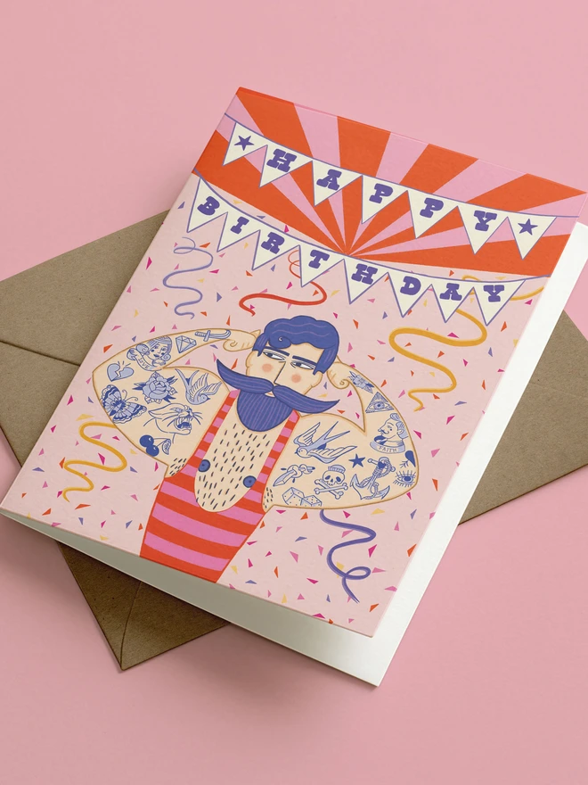 Tattooed Strongman Birthday Card
with brown envelope