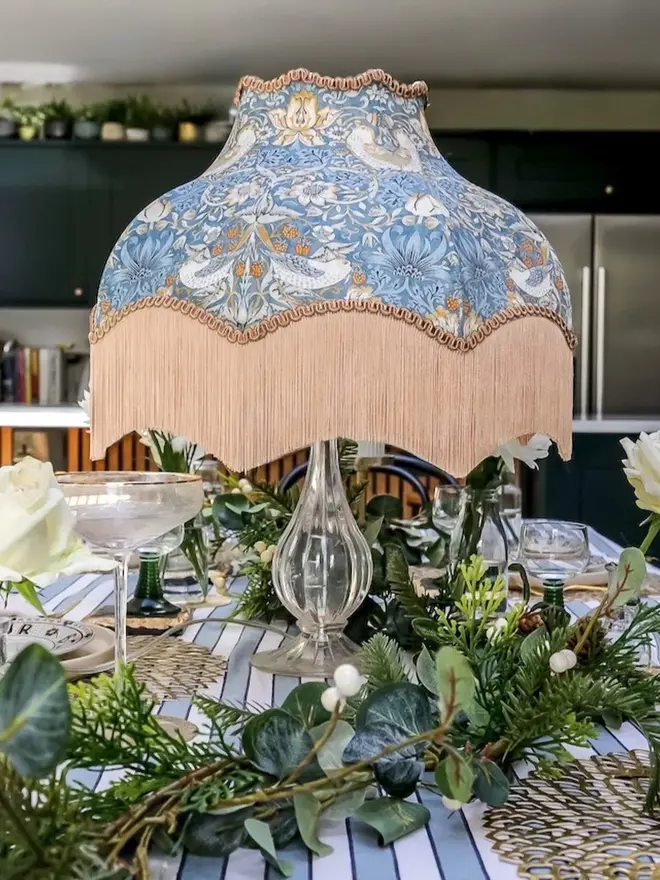 William Morris Strawberry Thief Fringed Lampshade Blue