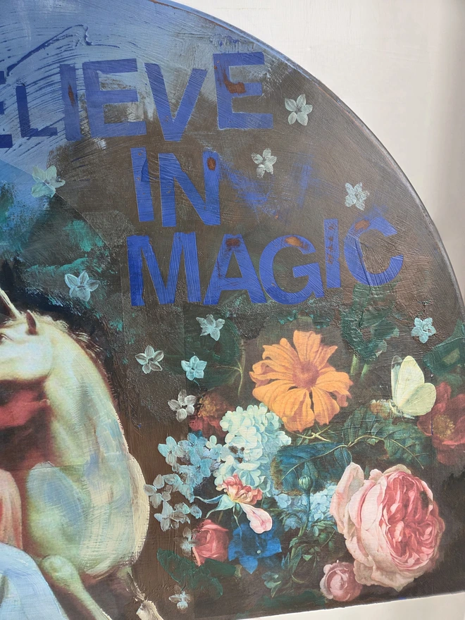 Unicorn art panel made from an upcycled table-top.