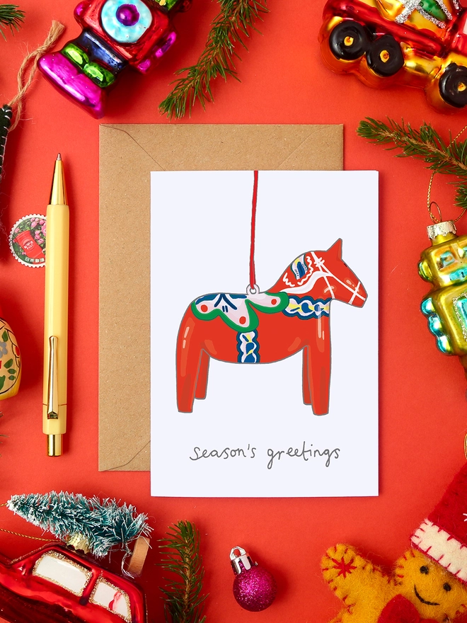 Christmas Card Featuring a Dala Horse