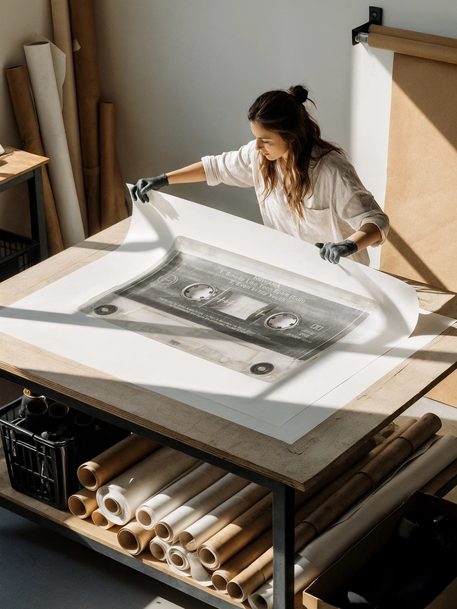 Nirvana 'Smells Like Teen Spirit cassette tape print. artist unrolling print on studio desk.