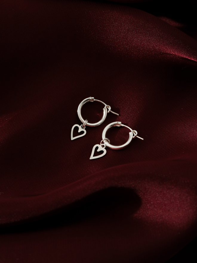 Heart silver huggie hoop earrings