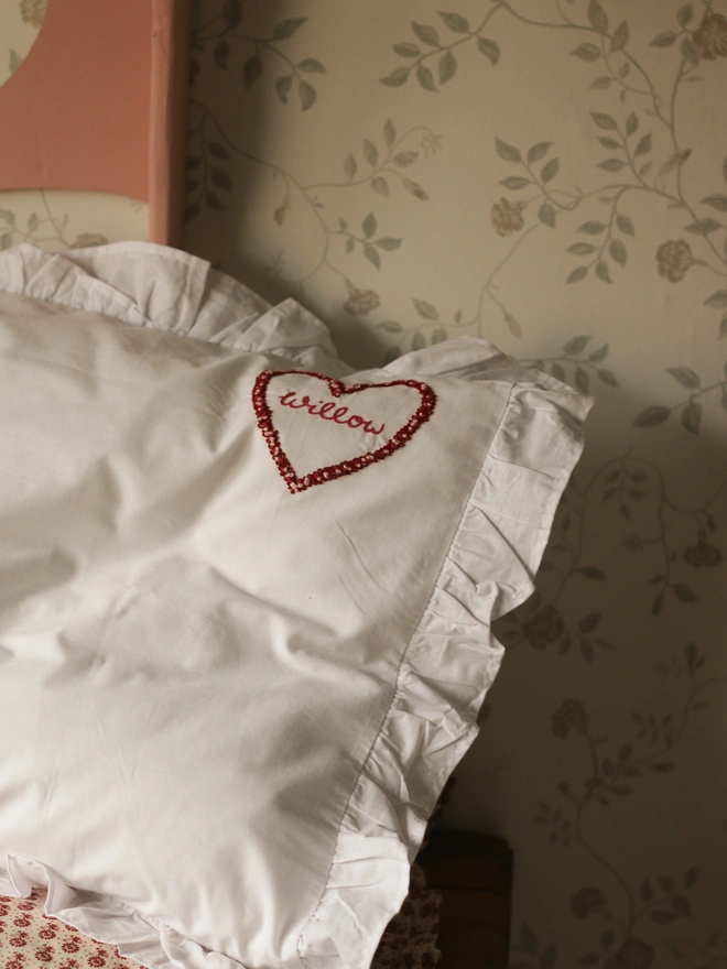 hand embroidered red heart name pillowcase