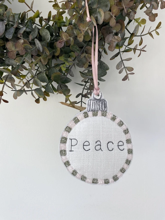 Peace Embroidered Square Edge Detail Bauble on wreath